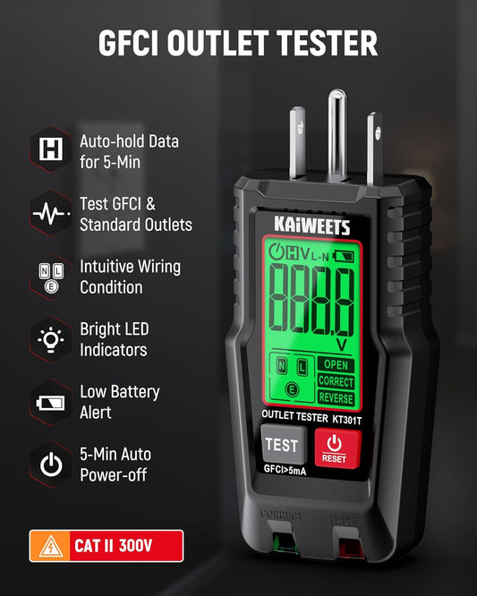GFCI Outlet Tester with LCD Display, 3-Prong Receptacle Wiring Detector, Voltage Socket Checker, Auto Hold, Electrical Diagnostic Tool for 120V AC Home Outlets