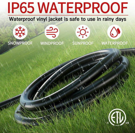 16/3 25 FT Outdoor Extension Cord Waterproof, Weatherproof & Flame Retardant Black 3 Prong Power Cord outside for Lawn & Garden, 13 Amps 1625 Watts 125 VAC 16AWG SJTW, ETL Listed