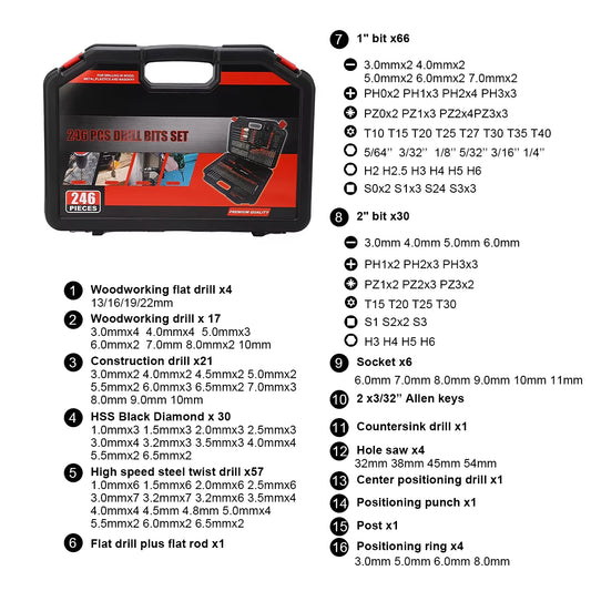 246Pcs HSS Bit Combination Tool Set Woodworking Hole Opener Twist Drill Cement Drill Construction Drill Flat Head Drill Sleeve