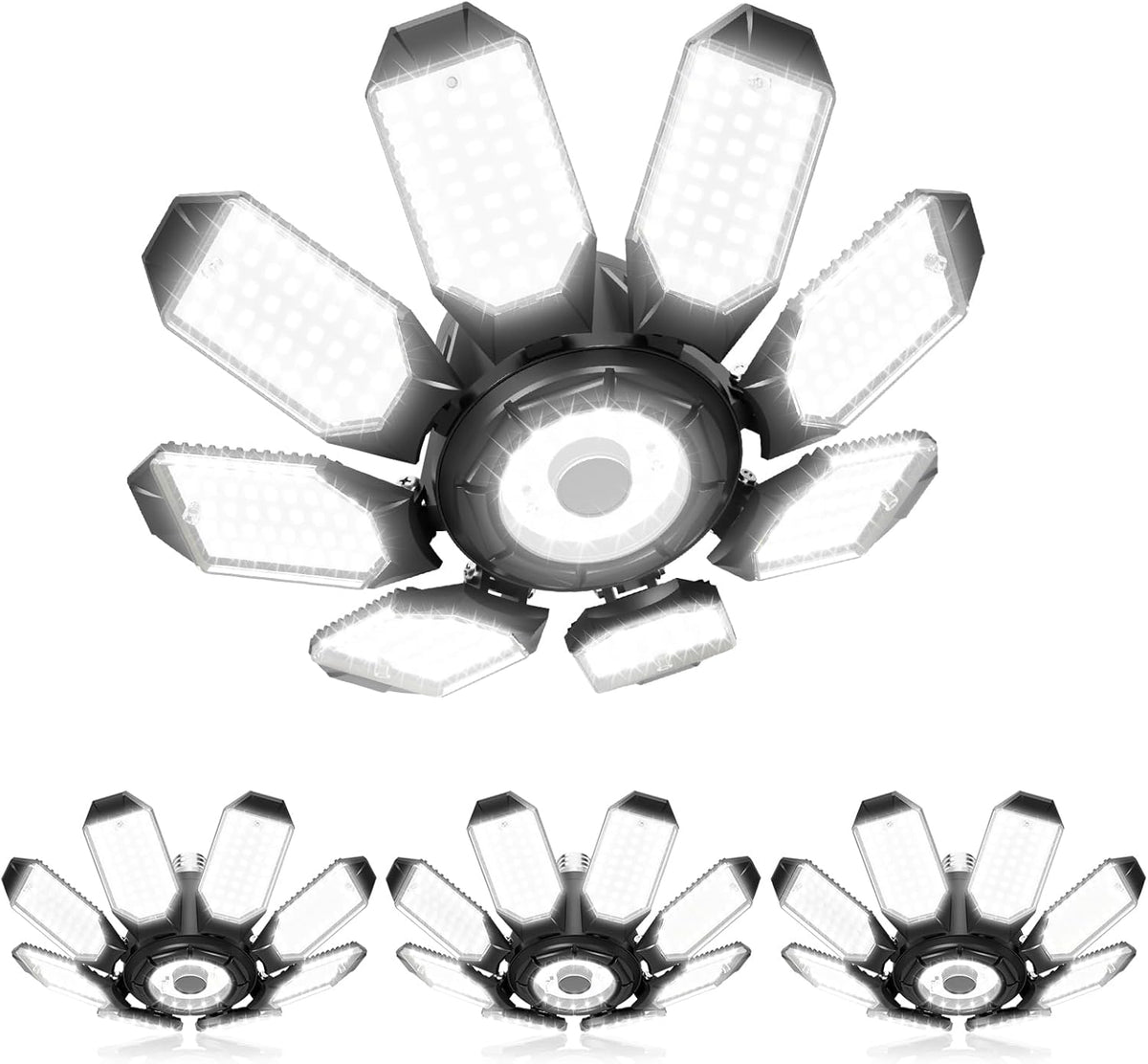 LED Garage Ceiling Lights 2 Pack W/ 8+1 Adjustable Panel, Super Bright 28000LM Deformable Basement Light Bulb Fixture Screw in E26 Socket Base for Indoor Workshop Attic Gym Bay Laundry Utility