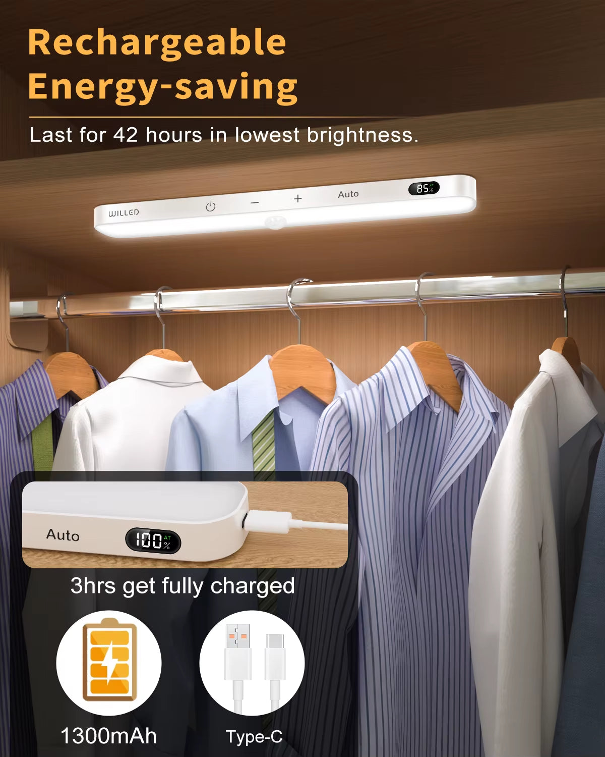 Motion Sensor Cabinet Light Battery Display 60 LED Touch Light Bar Wireless Rechargeable Battery Night Light