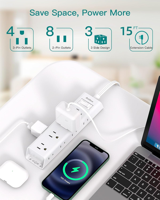 15FT Extension Cord - Surge Protector Power Strip,  12 Widely Multiple Outlets 3 Sides Outlet Extender, 900J, Wall Mount, Extra Long Flat Power Strip for Home Office College Dorm Room Essentials