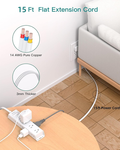 15FT Extension Cord - Surge Protector Power Strip,  12 Widely Multiple Outlets 3 Sides Outlet Extender, 900J, Wall Mount, Extra Long Flat Power Strip for Home Office College Dorm Room Essentials