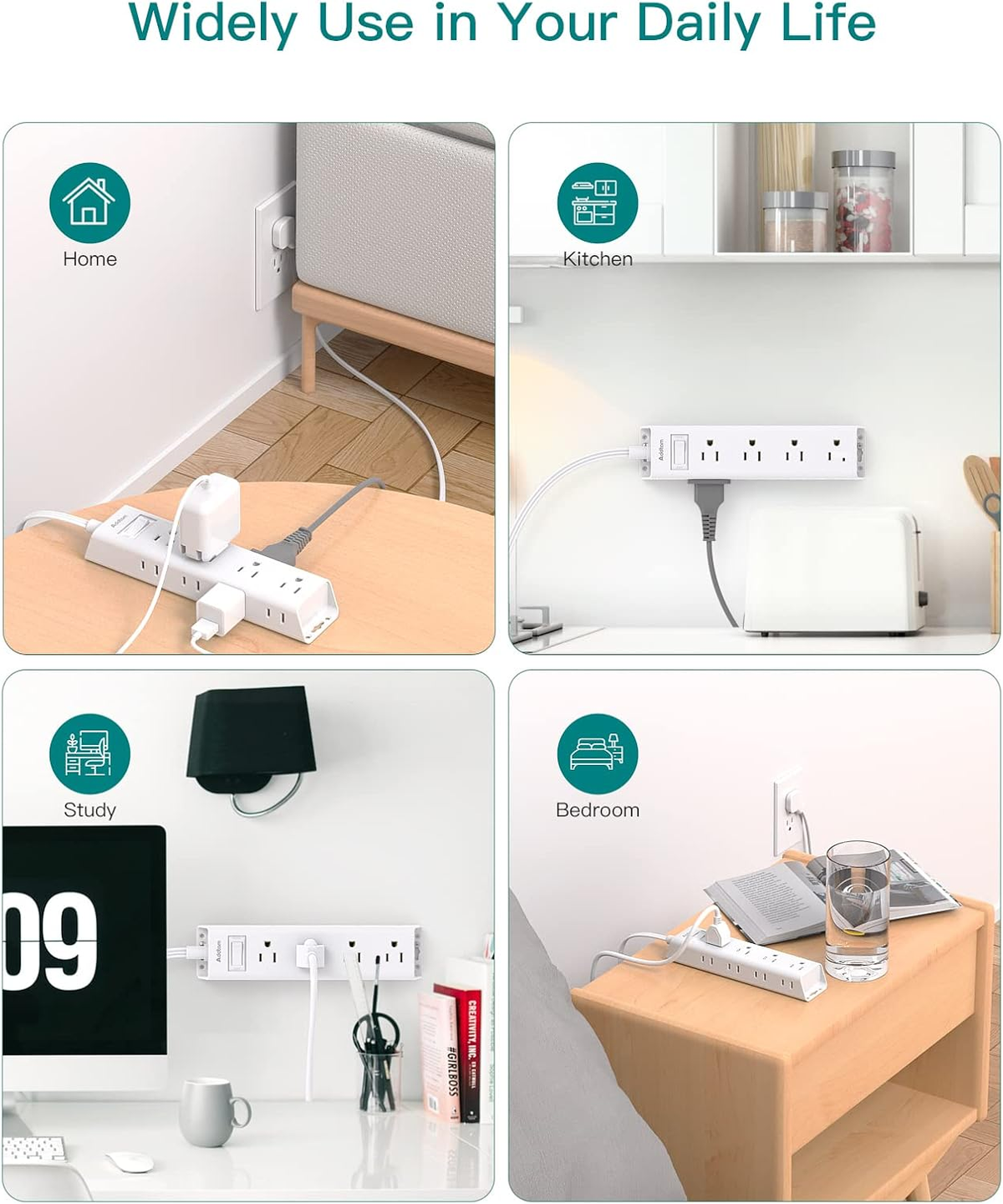 15FT Extension Cord - Surge Protector Power Strip,  12 Widely Multiple Outlets 3 Sides Outlet Extender, 900J, Wall Mount, Extra Long Flat Power Strip for Home Office College Dorm Room Essentials