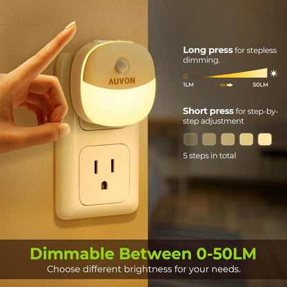 Plug in Night Light with Motion Sensor and Dusk to Dawn Sensor, Mini Warm White LED Nightlight with 1-50 Lm Adjustable Brightness for Bathroom, Hallway, Stairs, Bedroom, Kitchen, 4 Packs