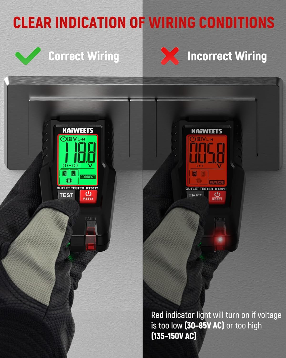 GFCI Outlet Tester with LCD Display, 3-Prong Receptacle Wiring Detector, Voltage Socket Checker, Auto Hold, Electrical Diagnostic Tool for 120V AC Home Outlets