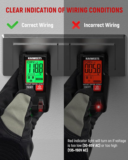GFCI Outlet Tester with LCD Display, 3-Prong Receptacle Wiring Detector, Voltage Socket Checker, Auto Hold, Electrical Diagnostic Tool for 120V AC Home Outlets