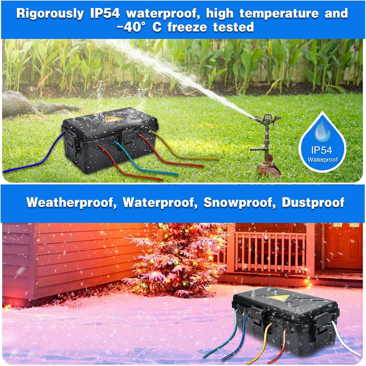 Medium Outdoor Electrical Box(10.6X5.5X4.5Inch),Weatherproof Connection Box W/6 Cable Entry,Ip54 Waterproof Extension Cord Cover Protect Power Strip,Timer,Plug,Holiday Lights,Black