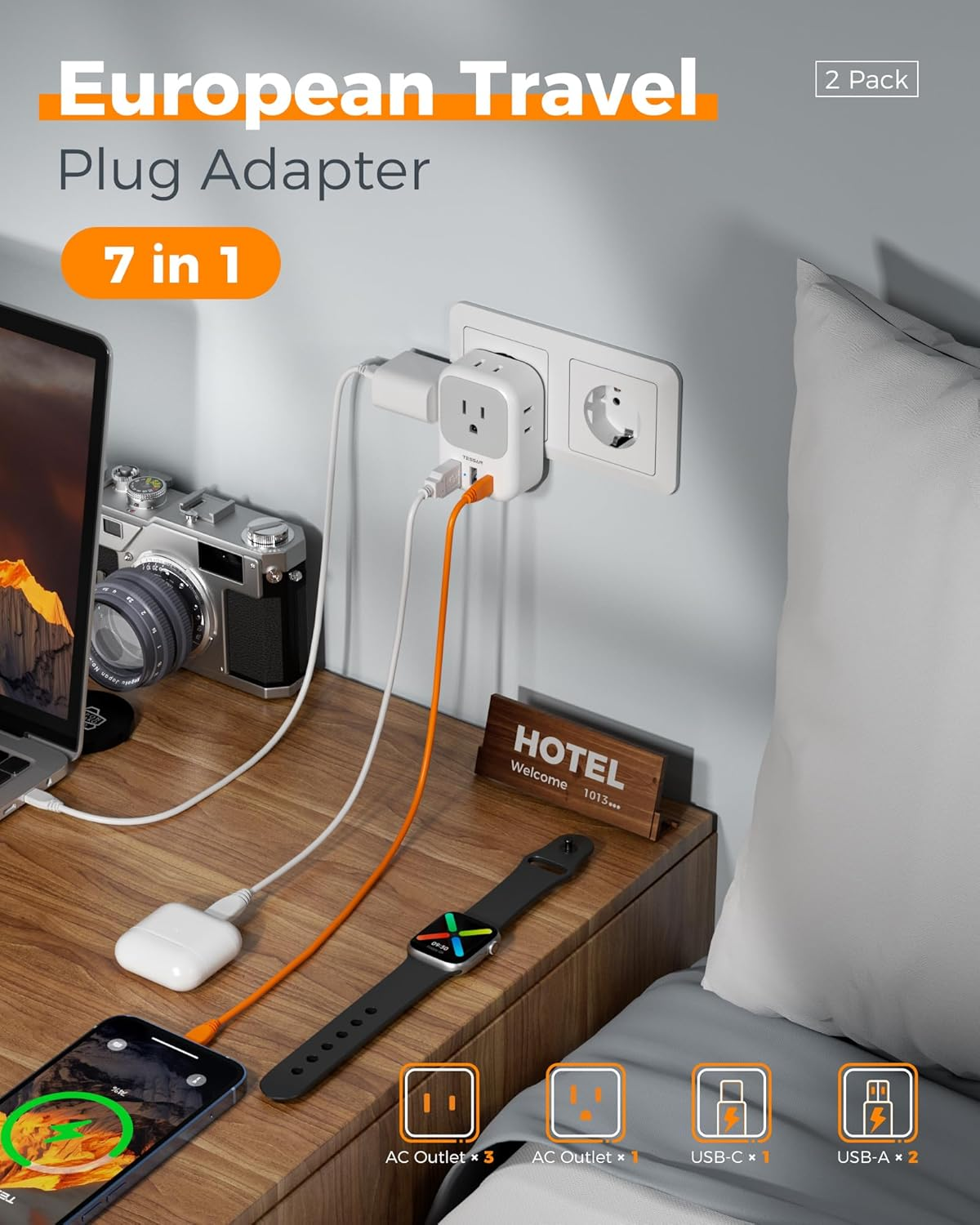 2 Pack European Plug Adapter USB C,  US to Europe Adapter 4 Outlets 3 USB Charger, Type C International Power Adaptor to Italy Spain France Portugal Iceland Germany, Europe Travel Essentials