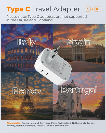 2 Pack European Plug Adapter USB C,  US to Europe Adapter 4 Outlets 3 USB Charger, Type C International Power Adaptor to Italy Spain France Portugal Iceland Germany, Europe Travel Essentials
