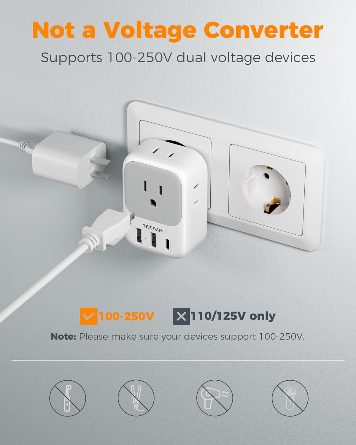 2 Pack European Plug Adapter USB C,  US to Europe Adapter 4 Outlets 3 USB Charger, Type C International Power Adaptor to Italy Spain France Portugal Iceland Germany, Europe Travel Essentials