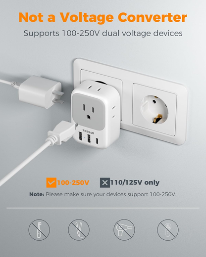2 Pack European Plug Adapter USB C,  US to Europe Adapter 4 Outlets 3 USB Charger, Type C International Power Adaptor to Italy Spain France Portugal Iceland Germany, Europe Travel Essentials
