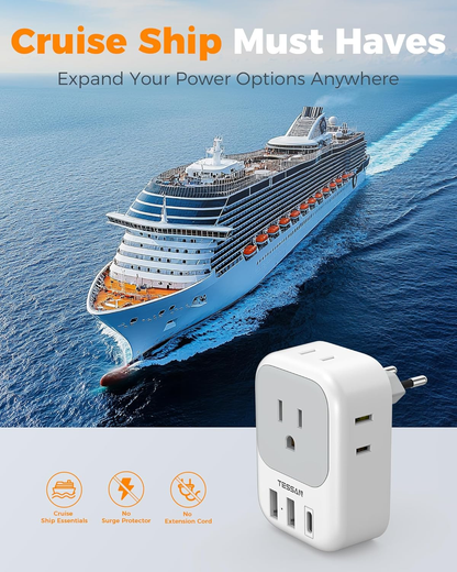 2 Pack European Plug Adapter USB C,  US to Europe Adapter 4 Outlets 3 USB Charger, Type C International Power Adaptor to Italy Spain France Portugal Iceland Germany, Europe Travel Essentials
