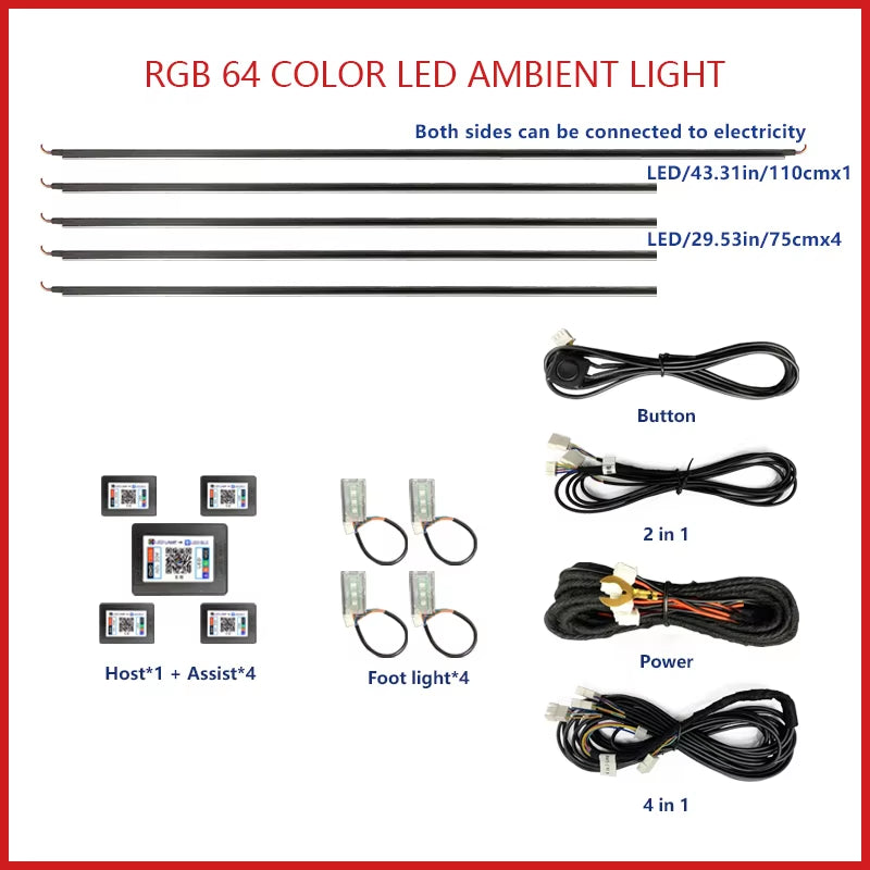22 In1 Car Acrylic LED Ambient Lamps Universal Colorful Atmosphere Lights Auto Interior Neon Strip App Control 64 RGB Lighting