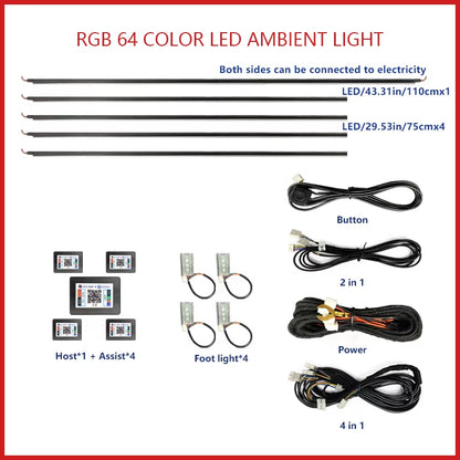 22 In1 Car Acrylic LED Ambient Lamps Universal Colorful Atmosphere Lights Auto Interior Neon Strip App Control 64 RGB Lighting