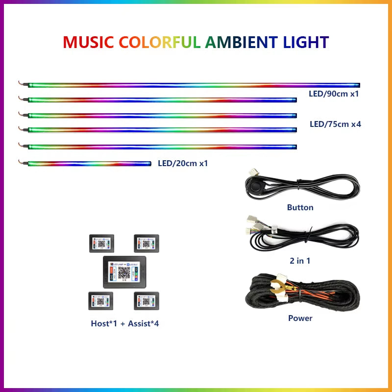 22 In1 Car Acrylic LED Ambient Lamps Universal Colorful Atmosphere Lights Auto Interior Neon Strip App Control 64 RGB Lighting