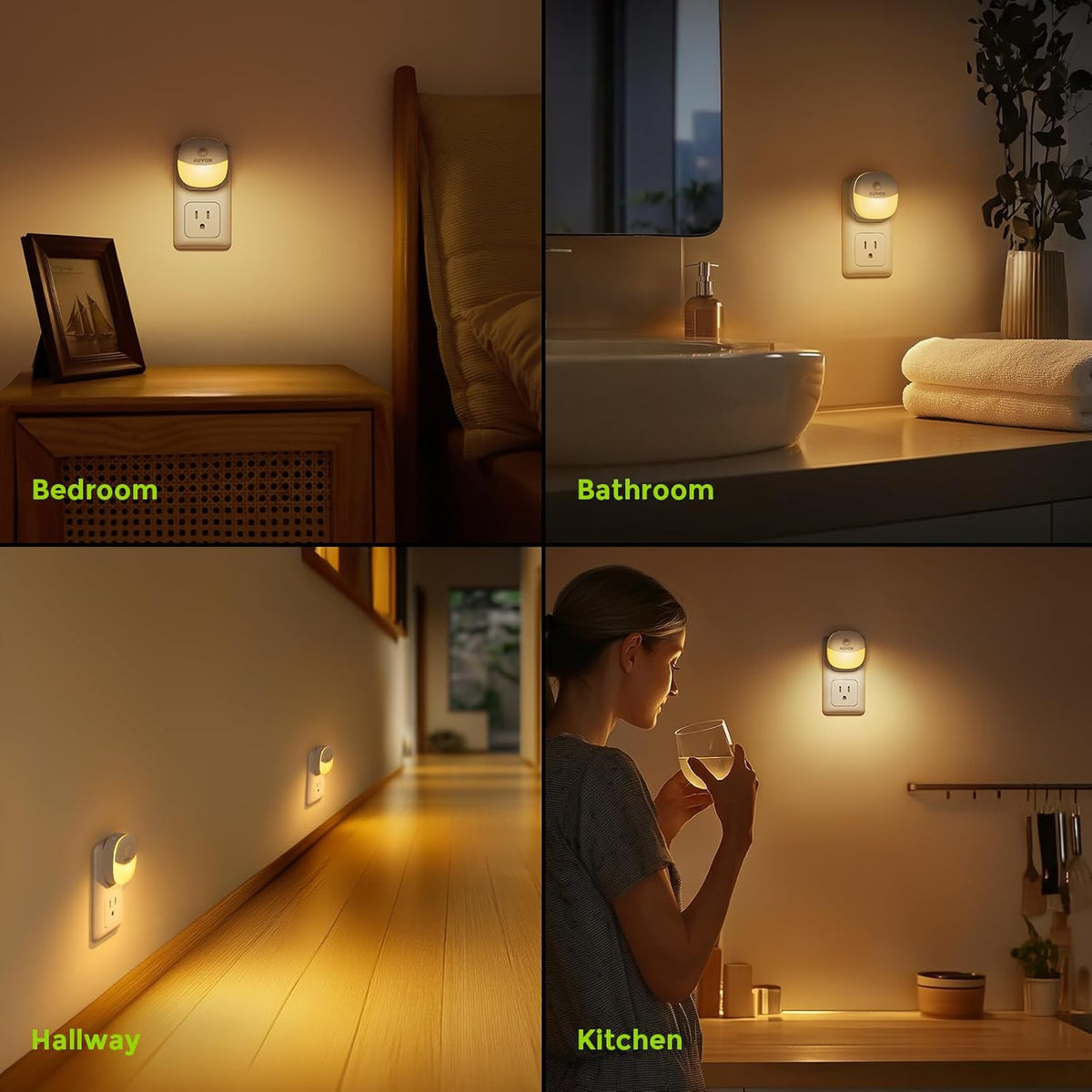 Plug in Night Light with Motion Sensor and Dusk to Dawn Sensor, Mini Warm White LED Nightlight with 1-50 Lm Adjustable Brightness for Bathroom, Hallway, Stairs, Bedroom, Kitchen, 4 Packs