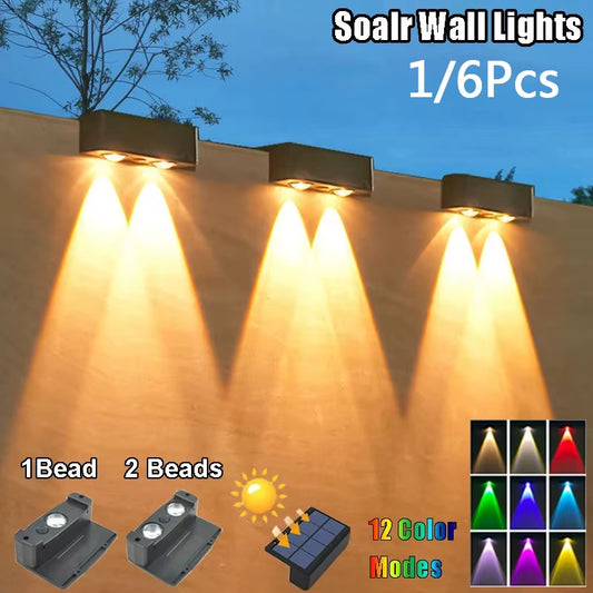 1/6Pcs Solar Wall Light IP65 Waterproof LED Outdoor Spotlight Powered Decoration Porch Illumination Fence Balcony Garden