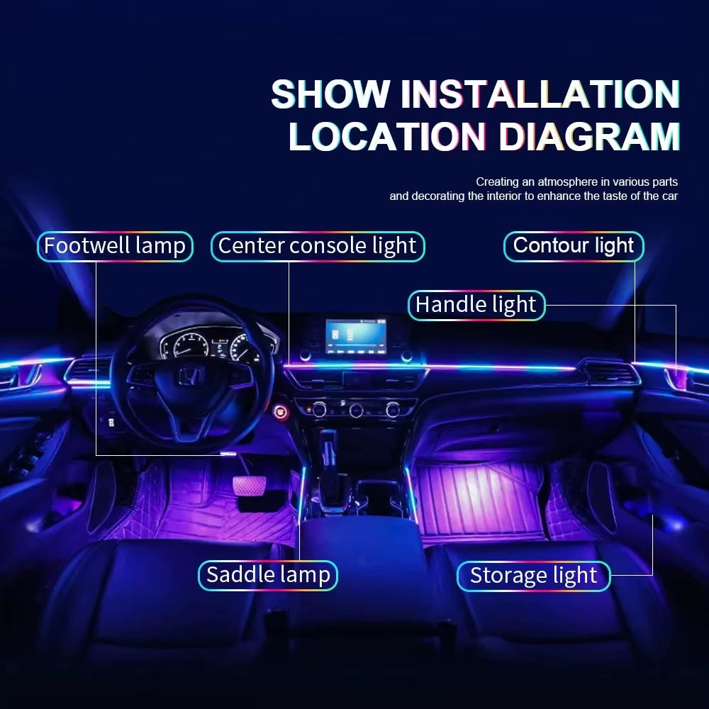 22 In1 Car Acrylic LED Ambient Lamps Universal Colorful Atmosphere Lights Auto Interior Neon Strip App Control 64 RGB Lighting