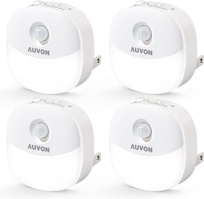 Plug in Night Light with Motion Sensor and Dusk to Dawn Sensor, Mini Warm White LED Nightlight with 1-50 Lm Adjustable Brightness for Bathroom, Hallway, Stairs, Bedroom, Kitchen, 4 Packs