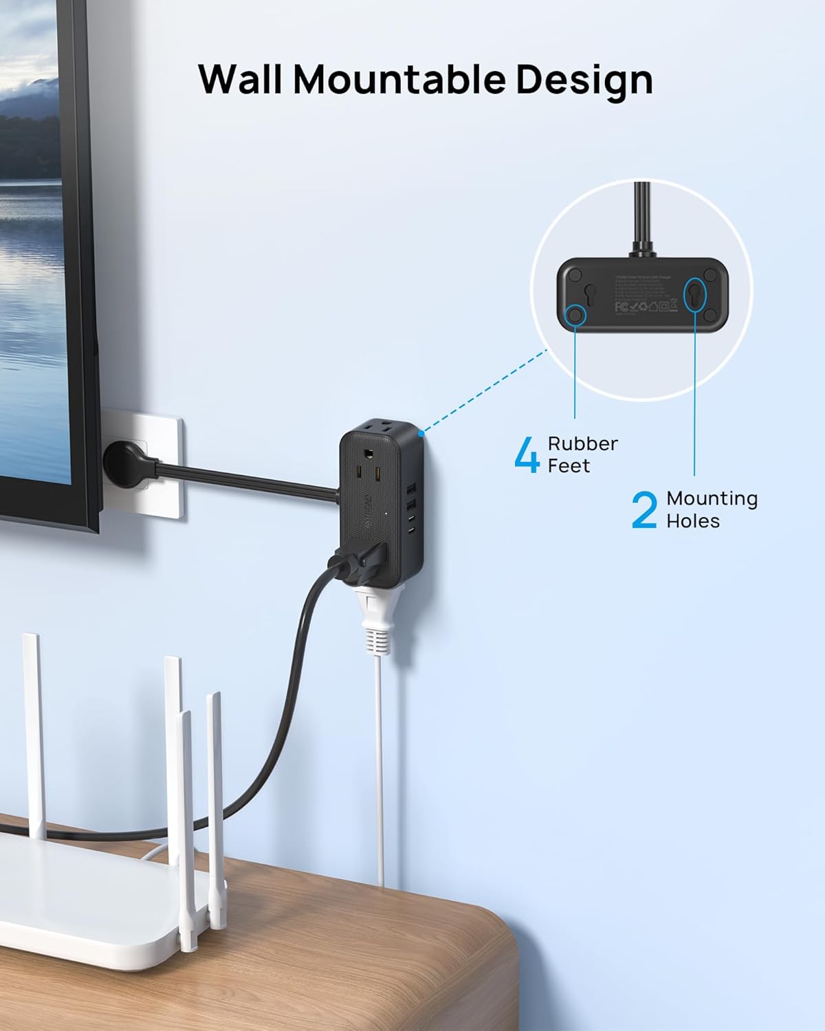 Outlet Extender with 6 Inch Cord, Multi Plug Wall Outlet with 4 Electrical Sockets and 4 USB Ports, Wall Mountable, Flat Plug Adapter for Home Office Travel, Cruise Ship Essentials, Black