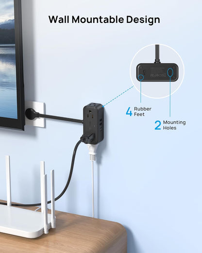 Outlet Extender with 6 Inch Cord, Multi Plug Wall Outlet with 4 Electrical Sockets and 4 USB Ports, Wall Mountable, Flat Plug Adapter for Home Office Travel, Cruise Ship Essentials, Black