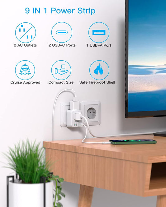 European Travel Plug Adapter USB C,  International Plug Adapter, US to Europe Adapter Plug 2 Outlets 3 USB Ports(2 C Port), Type C Power Adapter to Italy Spain France Portugal Iceland Germany