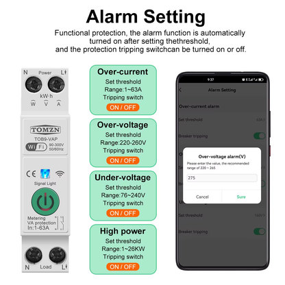 63A WiFi Smart Energy Meter Switch TUYA Smartlife Circuit Protection & Monitoring