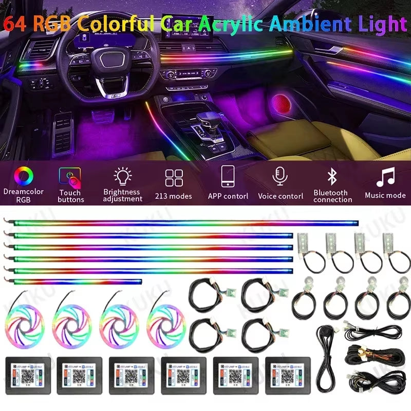 22 In1 Car Acrylic LED Ambient Lamps Universal Colorful Atmosphere Lights Auto Interior Neon Strip App Control 64 RGB Lighting