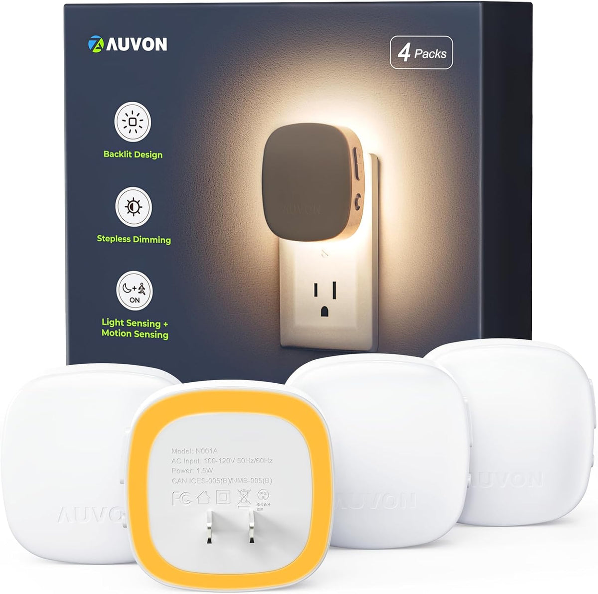 Plug-In LED Backlit Night Light with Motion Sensor & Dusk to Dawn Sensor, Dimmable Warm White Nightlight with 1-50 Lm Adjustable Brightness for Bedroom, Bathroom, Stairs, Hallway (4 Pack)