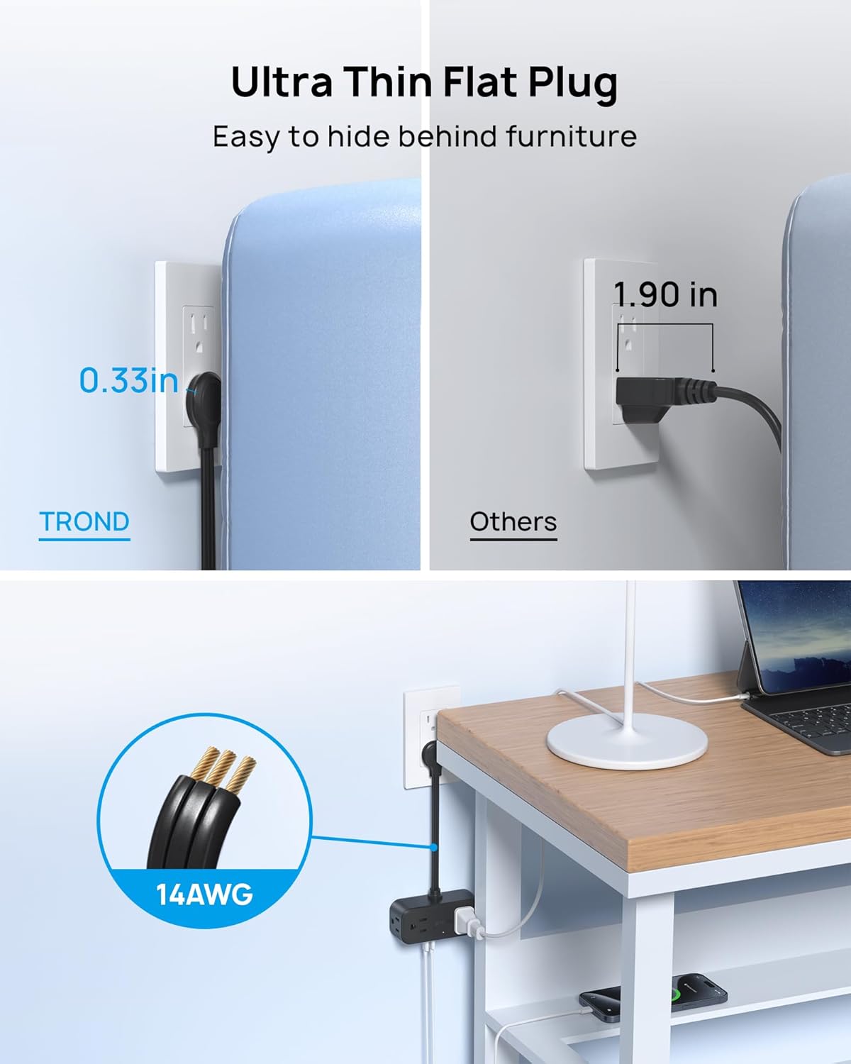 Outlet Extender with 6 Inch Cord, Multi Plug Wall Outlet with 4 Electrical Sockets and 4 USB Ports, Wall Mountable, Flat Plug Adapter for Home Office Travel, Cruise Ship Essentials, Black