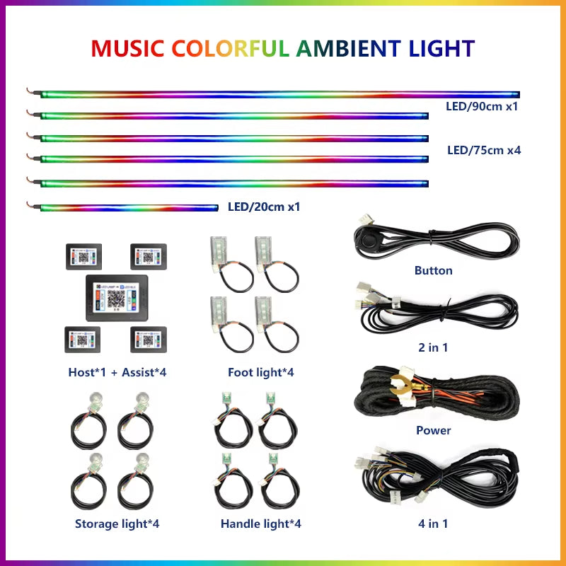 22 In1 Car Acrylic LED Ambient Lamps Universal Colorful Atmosphere Lights Auto Interior Neon Strip App Control 64 RGB Lighting