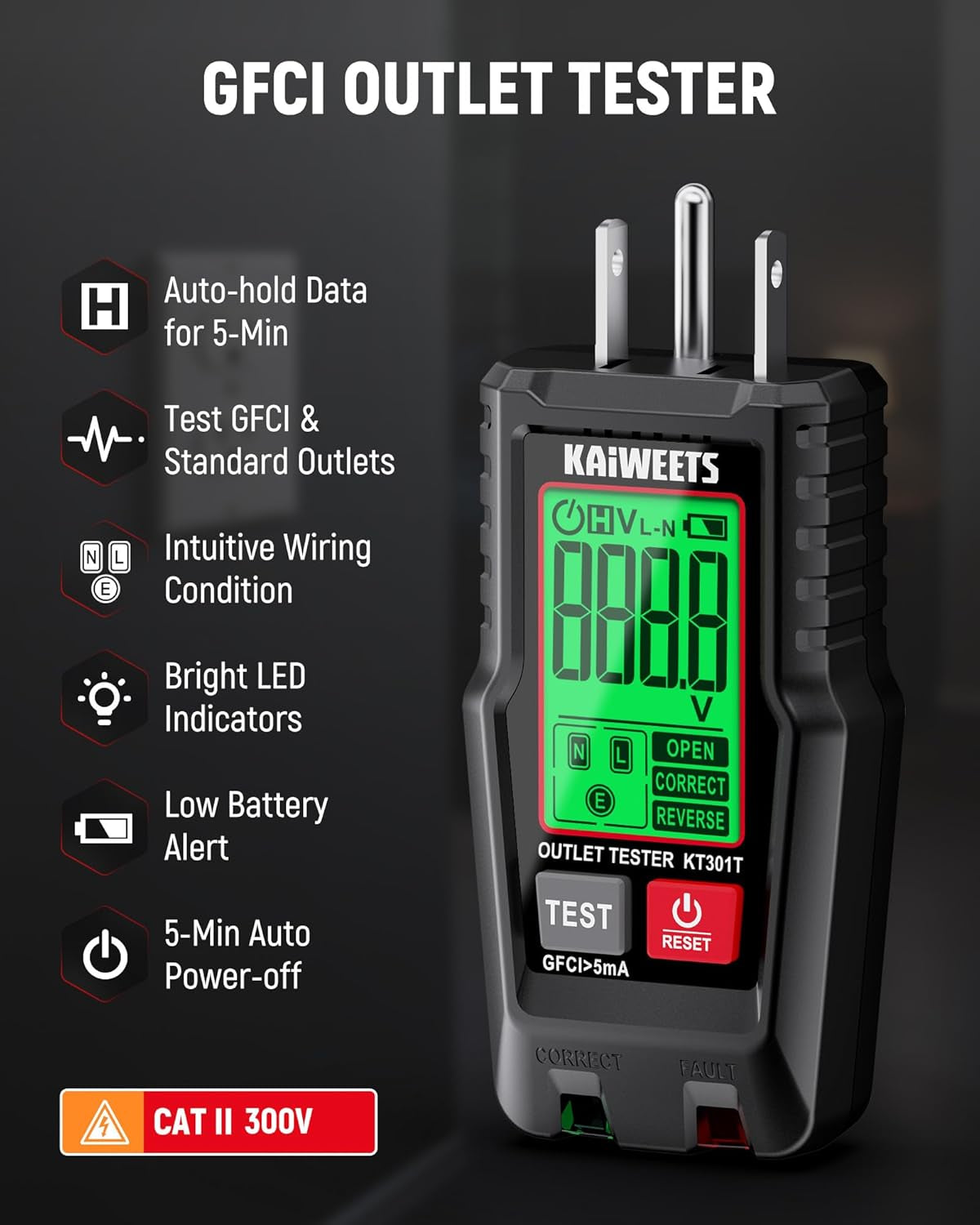 GFCI Outlet Tester with LCD Display, 3-Prong Receptacle Wiring Detector, Voltage Socket Checker, Auto Hold, Electrical Diagnostic Tool for 120V AC Home Outlets