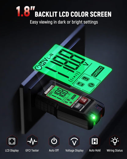 GFCI Outlet Tester with LCD Display, 3-Prong Receptacle Wiring Detector, Voltage Socket Checker, Auto Hold, Electrical Diagnostic Tool for 120V AC Home Outlets