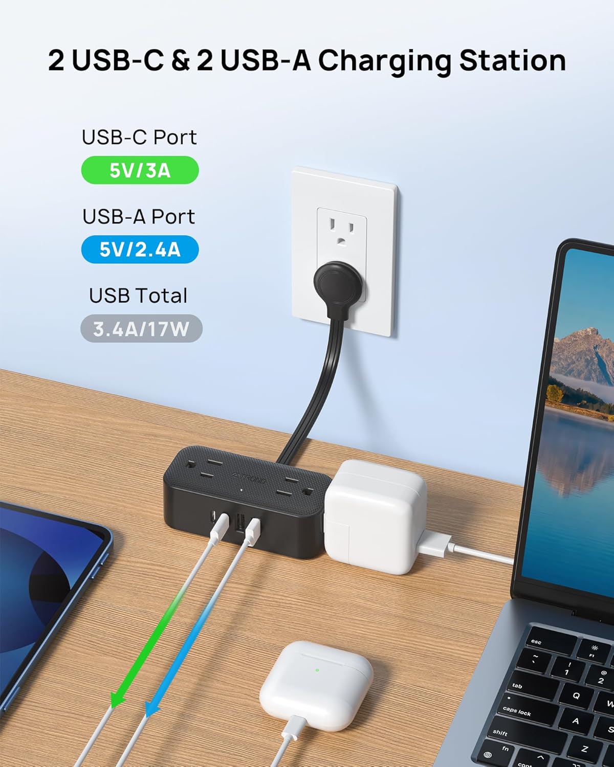 Outlet Extender with 6 Inch Cord, Multi Plug Wall Outlet with 4 Electrical Sockets and 4 USB Ports, Wall Mountable, Flat Plug Adapter for Home Office Travel, Cruise Ship Essentials, Black