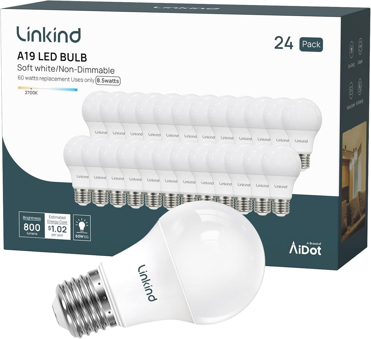 A19 LED Light Bulbs Dimmable, 60W Equivalent, Energy Efficient 9W, 2700K, 800 Lumens, E26 Standard Base, Lighting for Bedroom Living Room Home Office, 6 Packs