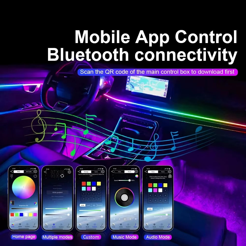 22 In1 Car Acrylic LED Ambient Lamps Universal Colorful Atmosphere Lights Auto Interior Neon Strip App Control 64 RGB Lighting