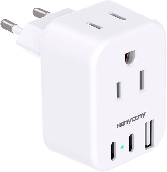 European Travel Plug Adapter USB C,  International Plug Adapter, US to Europe Adapter Plug 2 Outlets 3 USB Ports(2 C Port), Type C Power Adapter to Italy Spain France Portugal Iceland Germany