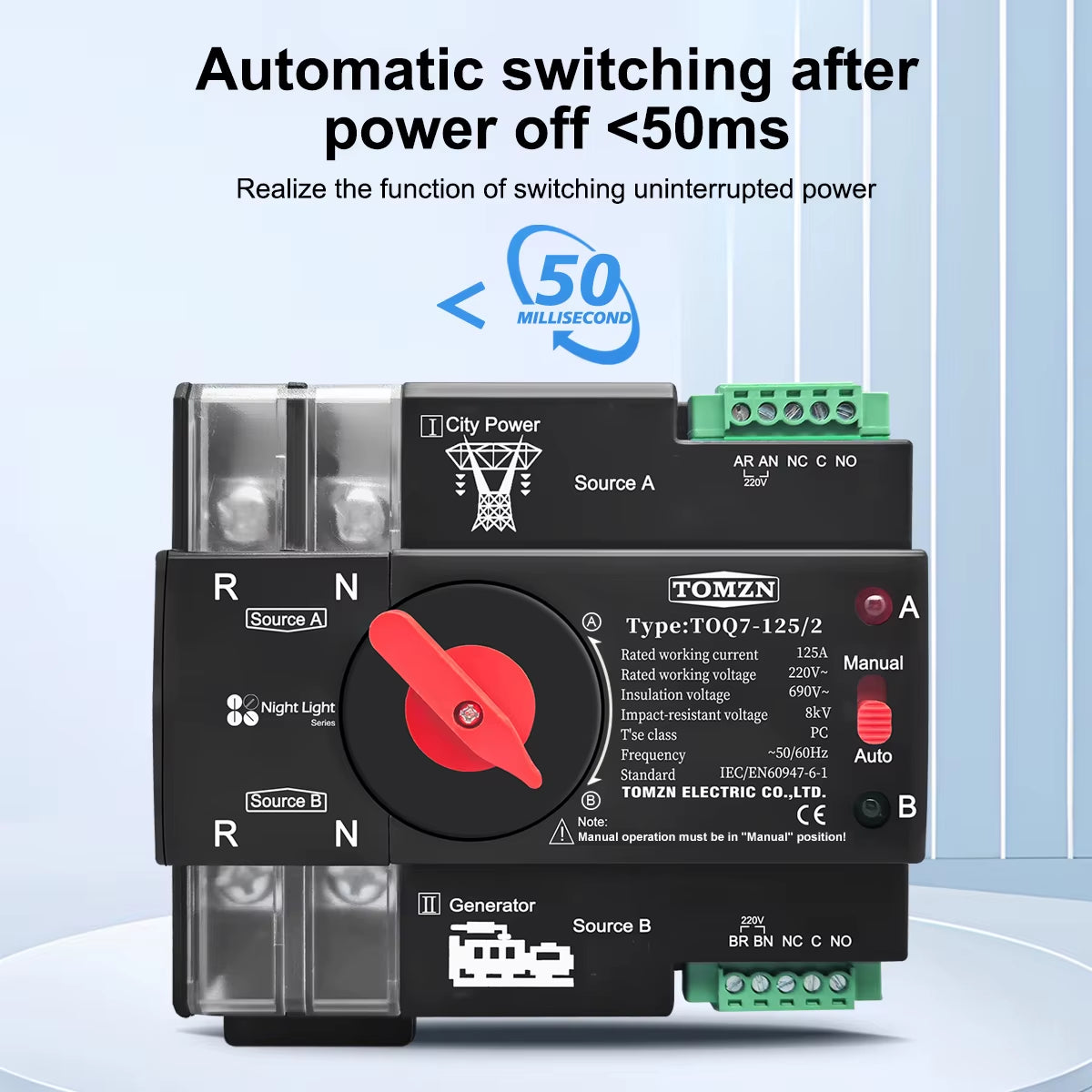 Din Rail 2P 3P 4P ATS Dual Power Automatic Transfer Switch Electrical Selector Uninterrupted Power AC230V 63A 100A 125A