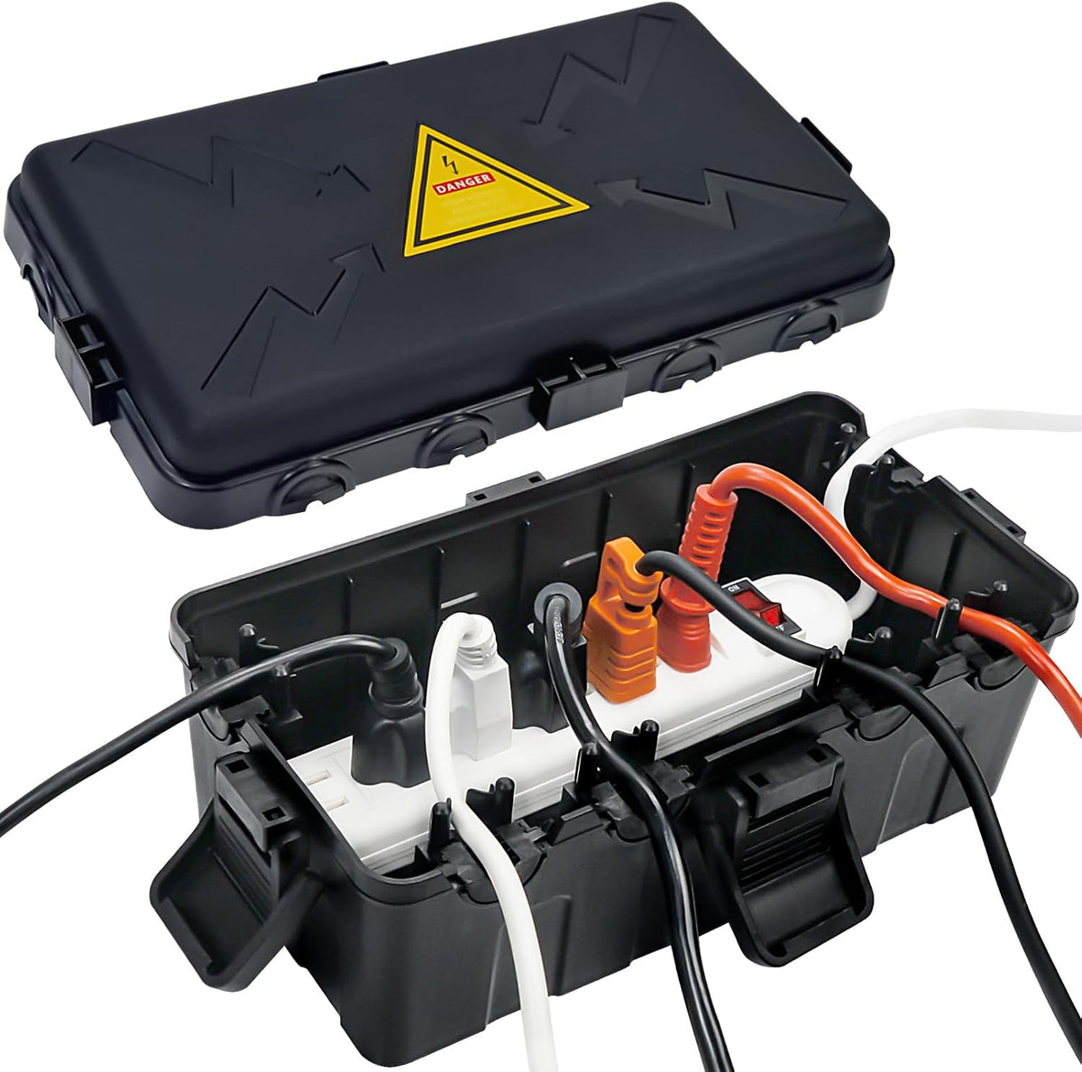 Medium Outdoor Electrical Box(10.6X5.5X4.5Inch),Weatherproof Connection Box W/6 Cable Entry,Ip54 Waterproof Extension Cord Cover Protect Power Strip,Timer,Plug,Holiday Lights,Black