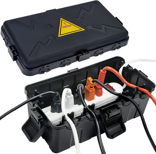 Medium Outdoor Electrical Box(10.6X5.5X4.5Inch),Weatherproof Connection Box W/6 Cable Entry,Ip54 Waterproof Extension Cord Cover Protect Power Strip,Timer,Plug,Holiday Lights,Black