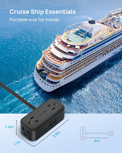 Outlet Extender with 6 Inch Cord, Multi Plug Wall Outlet with 4 Electrical Sockets and 4 USB Ports, Wall Mountable, Flat Plug Adapter for Home Office Travel, Cruise Ship Essentials, Black