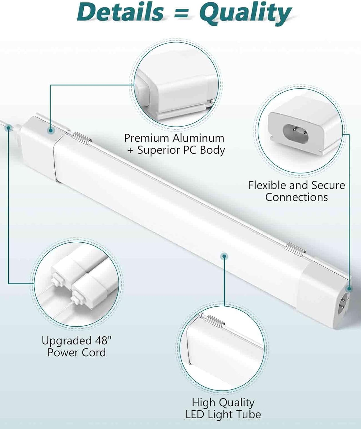 LED Tube Light Fixture with Plug, 1.4FT 1800LM 5000K Utility Shop Light, Linkable Cabinet Light for Garage, Kitchen, Bathroom, Closet, Office - 1.4Ft, Triproof, White