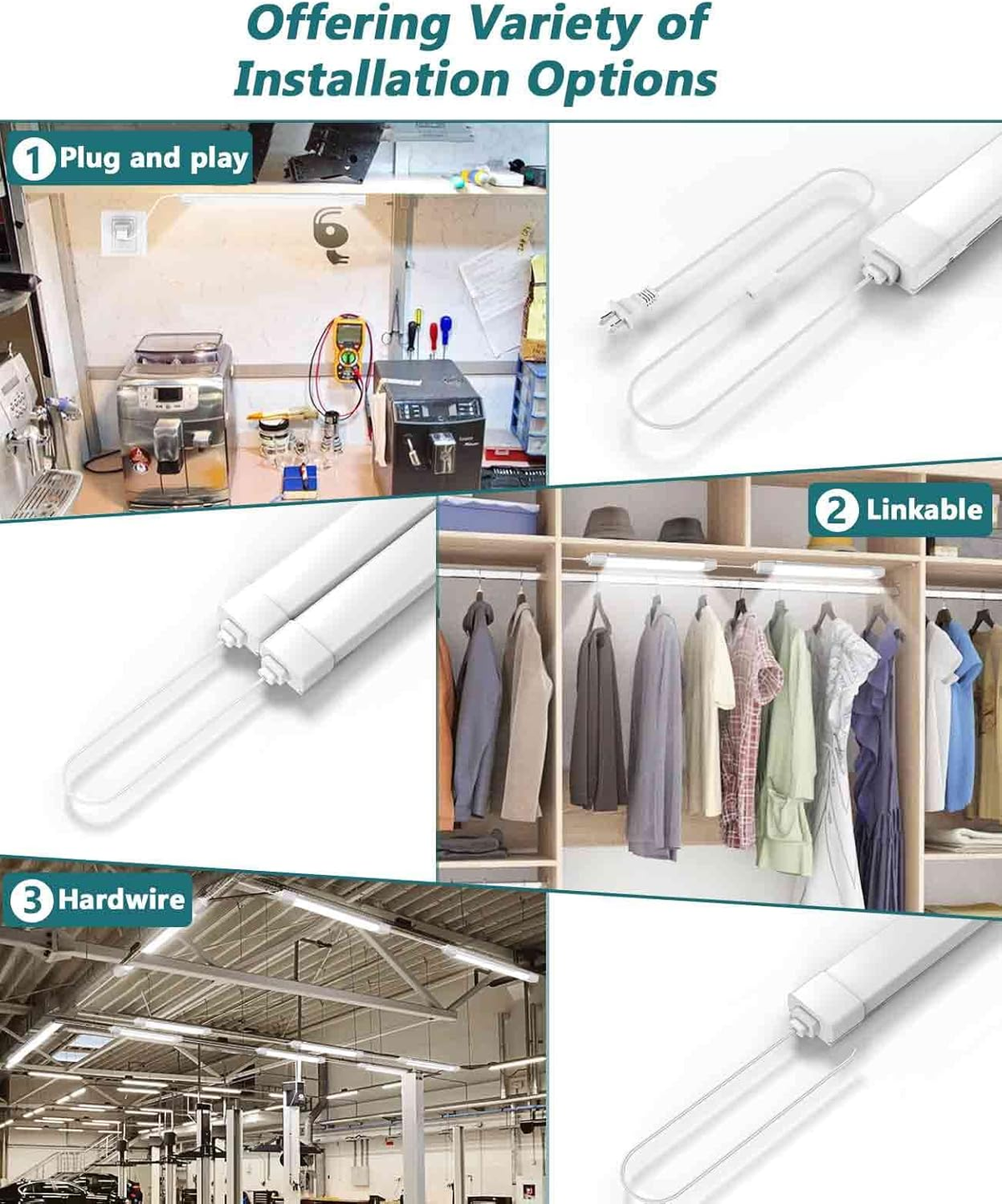 LED Tube Light Fixture with Plug, 1.4FT 1800LM 5000K Utility Shop Light, Linkable Cabinet Light for Garage, Kitchen, Bathroom, Closet, Office - 1.4Ft, Triproof, White
