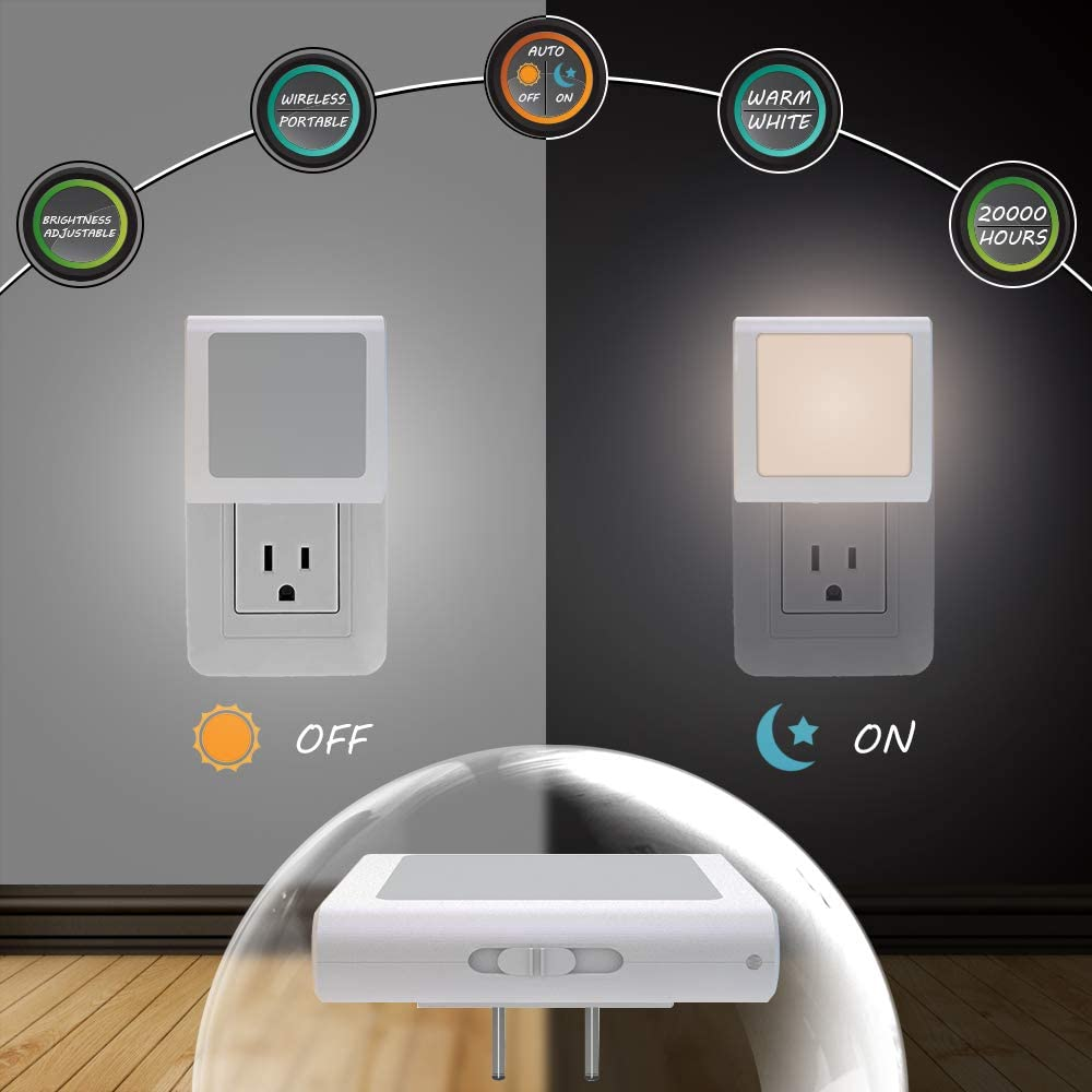 Plug-In Led Night Light with Auto Dusk to Dawn Sensor,Adjustable Brightness Warm White Lights for Hallway,Bedroom, Kids Room, Kitchen, Stairway, 2 Pack