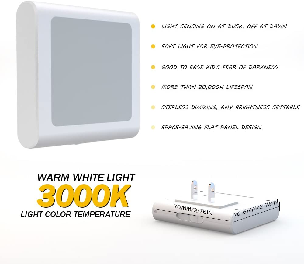Plug-In Led Night Light with Auto Dusk to Dawn Sensor,Adjustable Brightness Warm White Lights for Hallway,Bedroom, Kids Room, Kitchen, Stairway, 2 Pack
