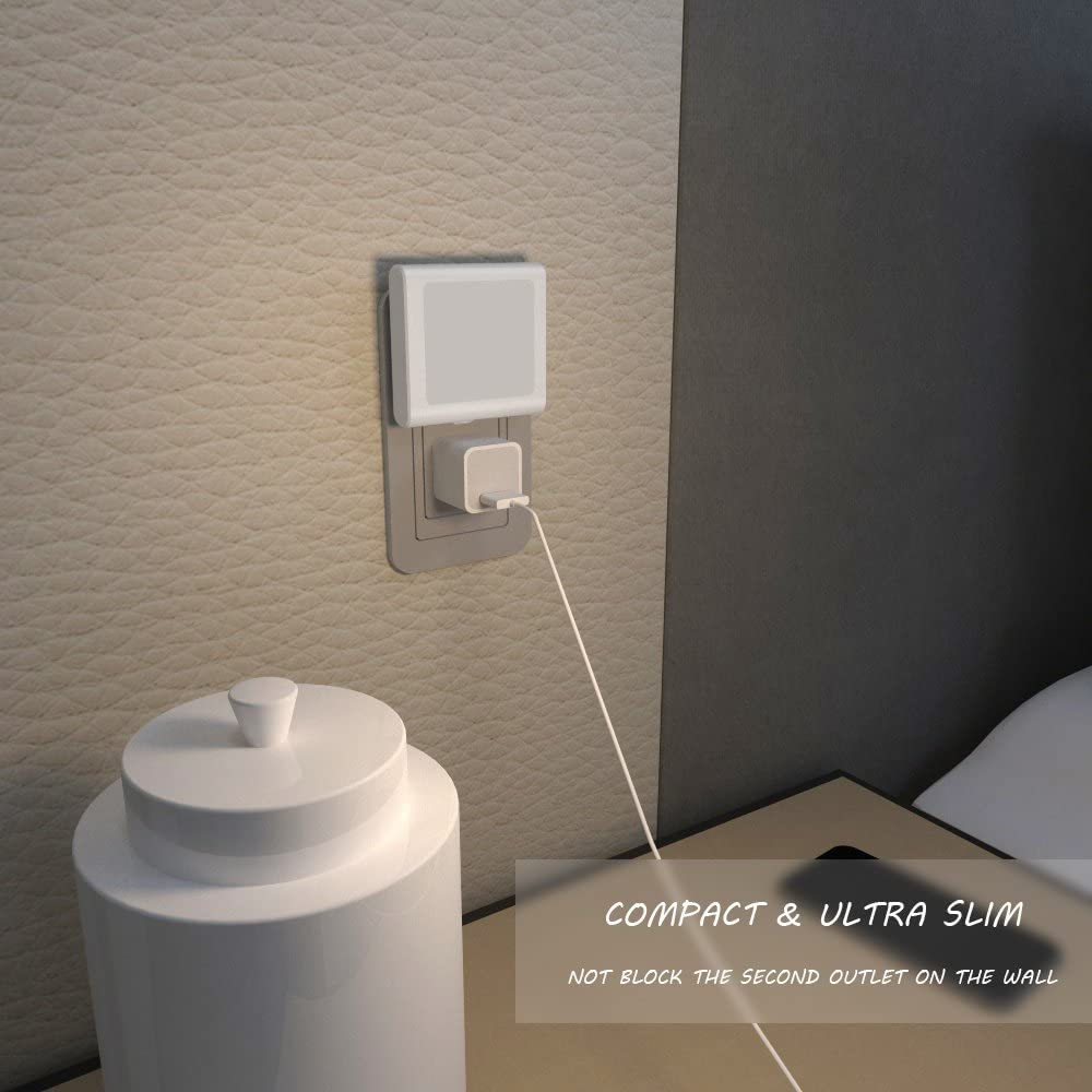 Plug-In Led Night Light with Auto Dusk to Dawn Sensor,Adjustable Brightness Warm White Lights for Hallway,Bedroom, Kids Room, Kitchen, Stairway, 2 Pack
