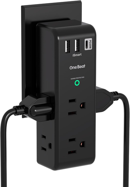 Surge Protector Outlet Extender - with Rotating Plug, 6 AC Multi Plug Outlet with 4 USB Ports (2 USB C), 1800J Wall Charger, 3-Sided Power Strip with Spaced Outlet Splitter for Home, Office, Travel