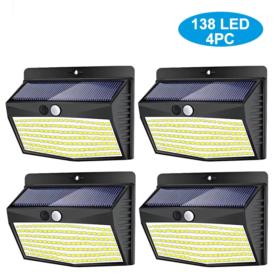138 LED Solar Light Outdoor 4PCS Solar Wall Lamp Human Body Sensor 3 Mode Waterproof Garden Decor Street Lights Sunlight Powered