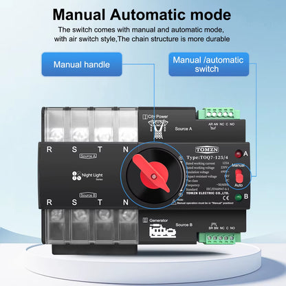 Din Rail 2P 3P 4P ATS Dual Power Automatic Transfer Switch Electrical Selector Uninterrupted Power AC230V 63A 100A 125A